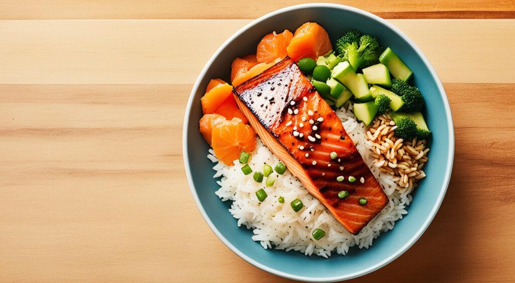 How many calories are in a teriyaki salmon rice bowl?