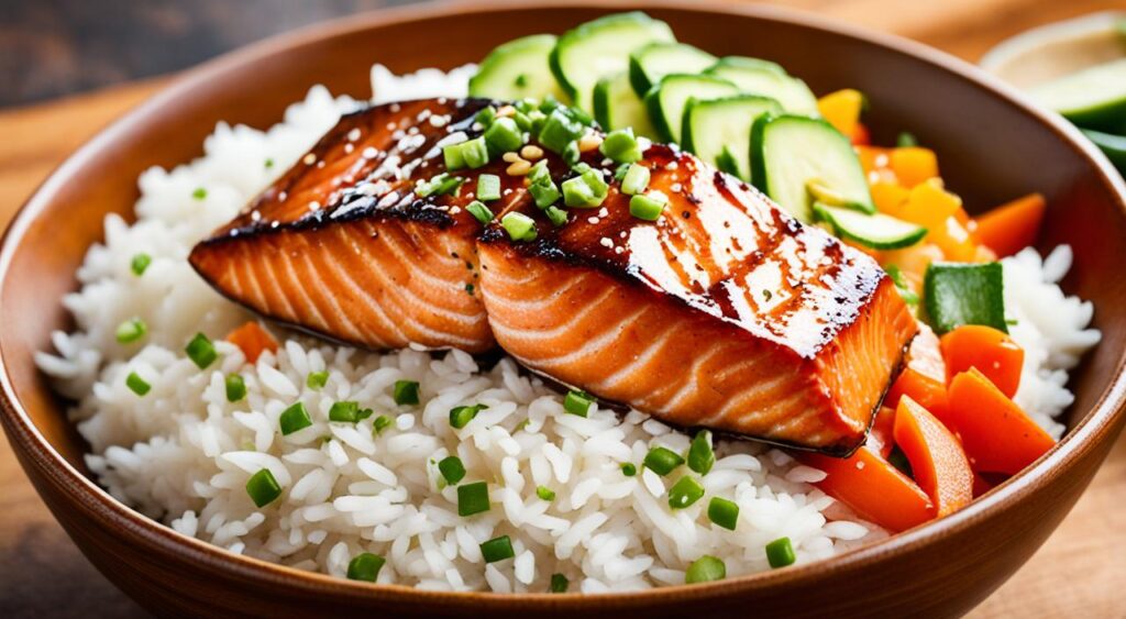 salmon rice bowl calories